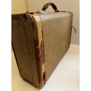 VINTAGE 1940's TWEED SUITCASE Yellow with Leather & Brass Trim 18"x12"x6" Prop